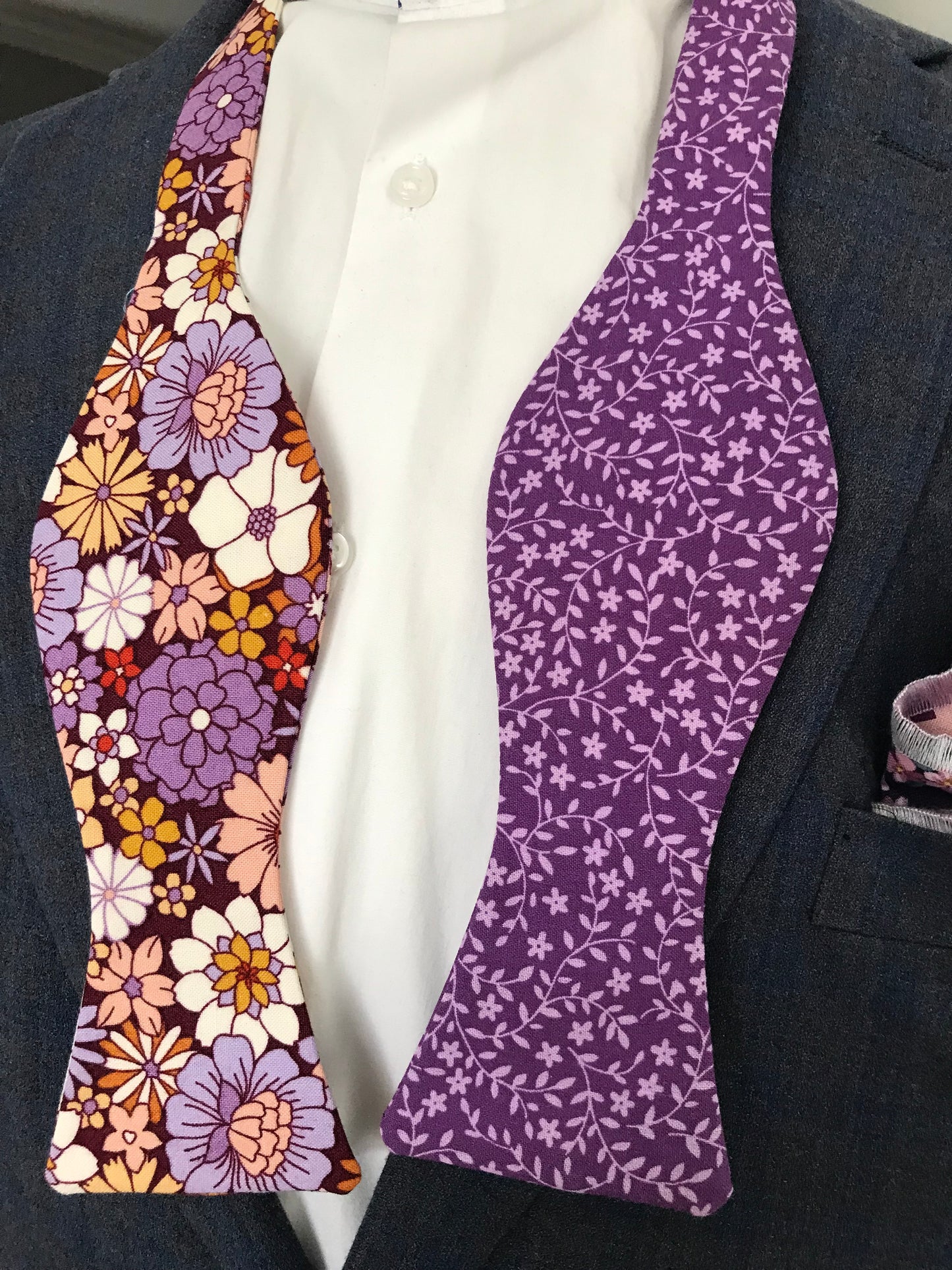 Multi color print with lavender print reversible Bowtie set (traditional)