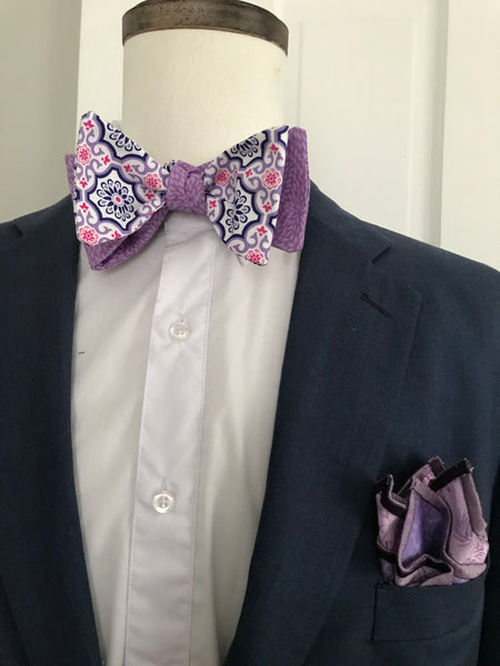 Deep purple with white and lavender print reversible Bowtie set