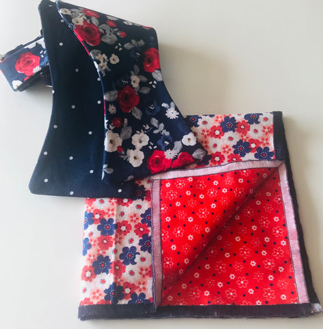 Red white and blue print with blue dot reversible Bowtie set