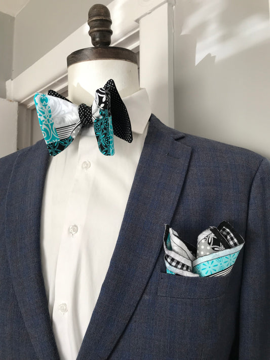 Black white and teal reversible Bowtie set (FATBOW)