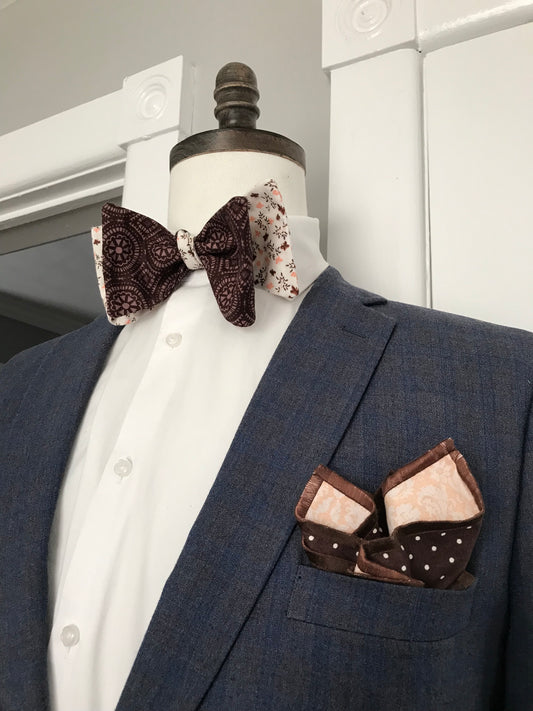 Brown print with brown peach print reversible Bowtie set (FATBOW)
