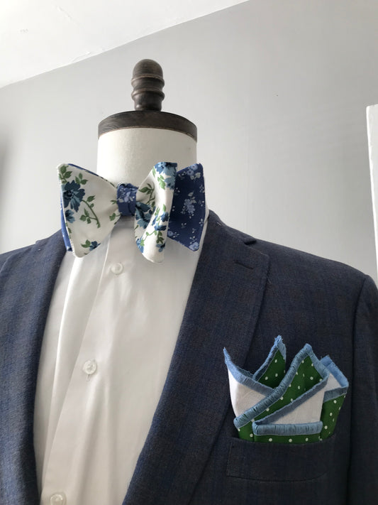 Blue and green print reversible Bowtie set (FATBOW)