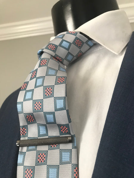 Light Grey and Silver with pink and light blue print Tie set