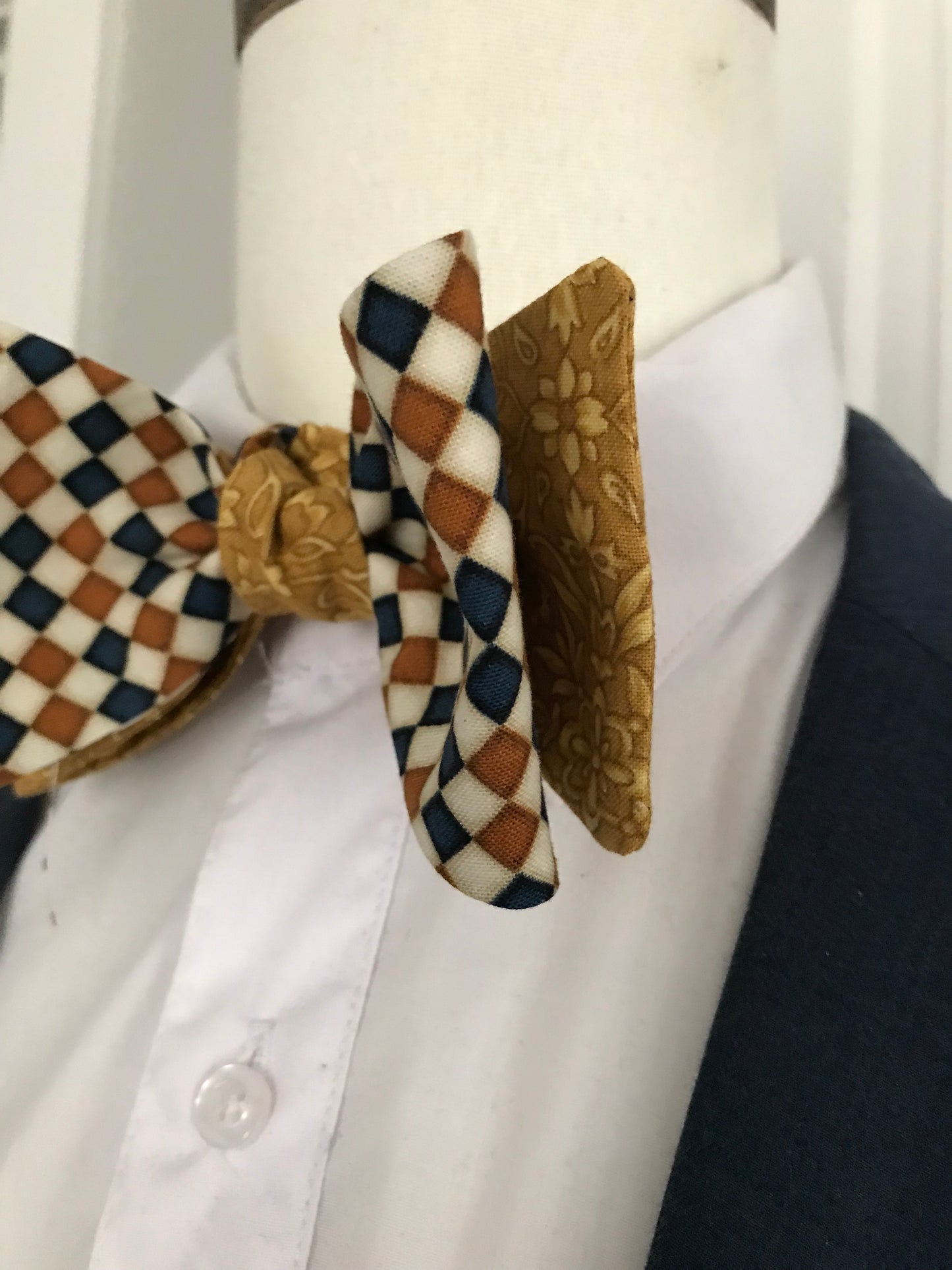 Blue and gold check with gold print reversible Bowtie set