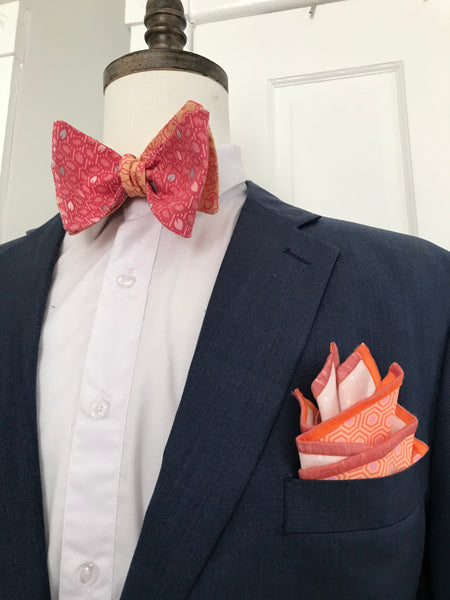 Rosy pink print with orange and rose  print reversible Bowtie set
