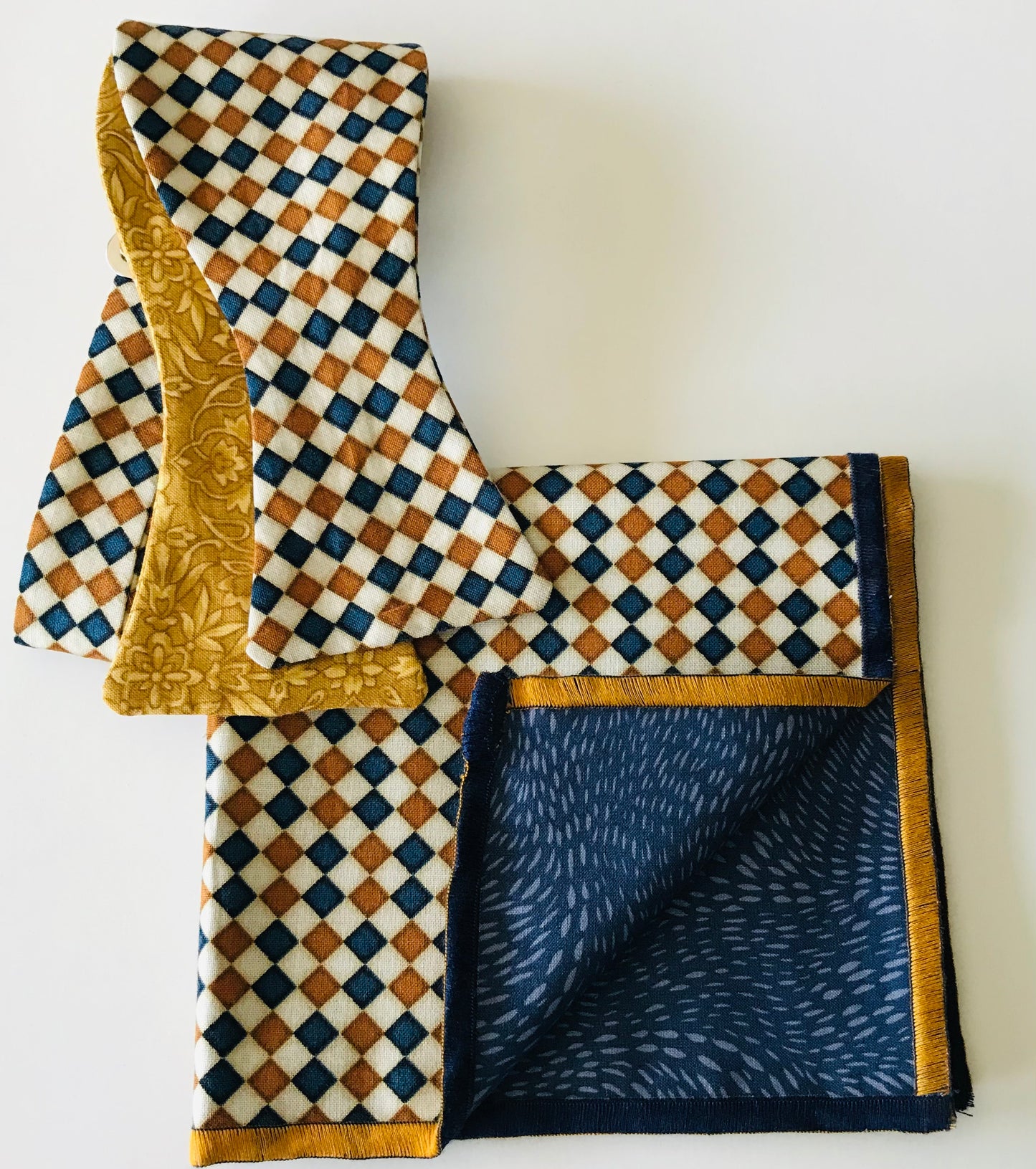 Blue and gold check with gold print reversible Bowtie set