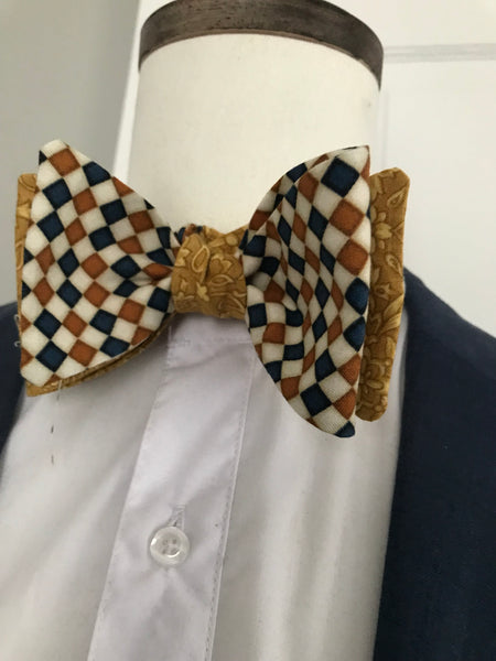 Blue and gold check with gold print reversible Bowtie set