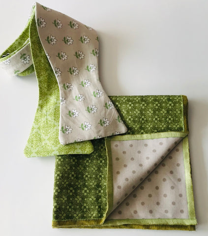 Beige and green print with green print reversible Bowtie set