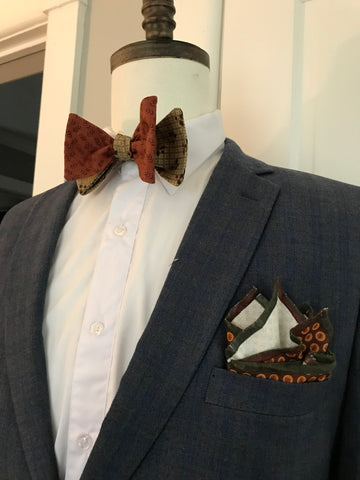 Burnt orange with beige and green print reversible Bowtie set