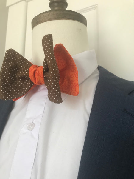 Brown dots and Orange print reversible Bowtie set (FATBOW)