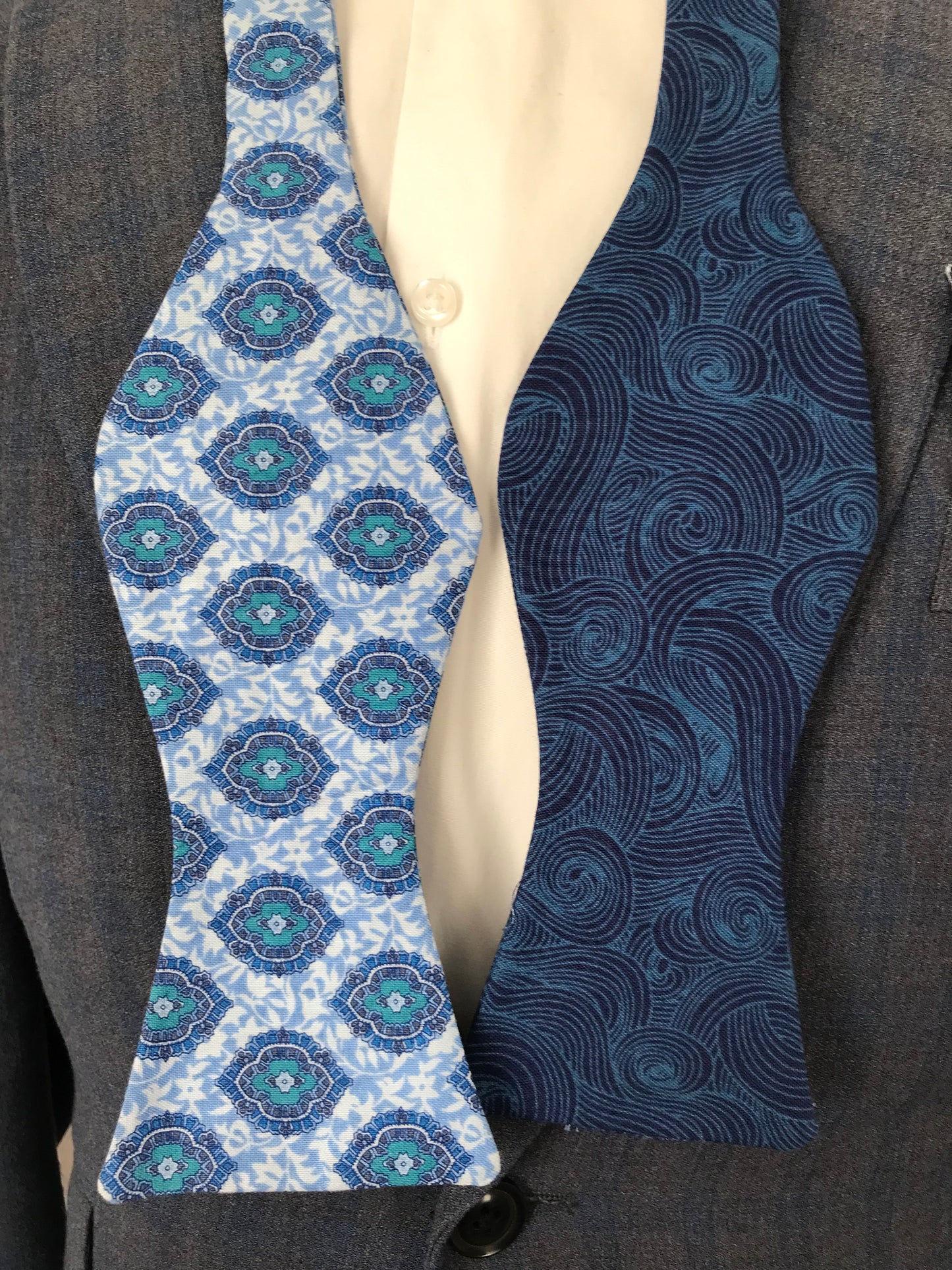 Blue on blue prints reversible Bowtie set (FATBOW