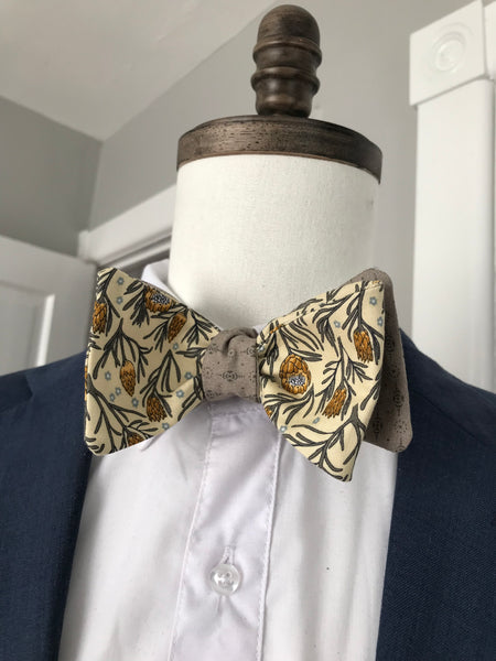 Grey print with grey and mustard print reversible Bow tie