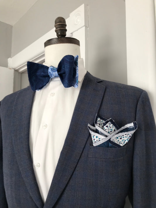 Blue on blue prints reversible Bowtie set (FATBOW