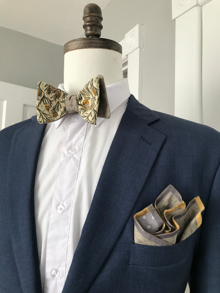 Grey print with grey and mustard print reversible Bow tie