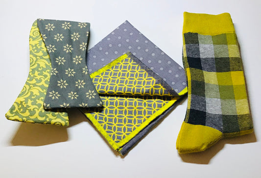 Grey and Yellow reversible Bowtie set with blending socks (FATBOW)