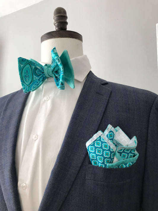 Teal paisley and teal print reversible Bowtie set (FATBOW)
