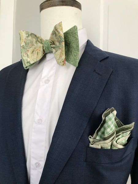 Light green mix paisley print with green paisley reversible Bowtie set