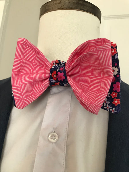 Pink print with Blue and pink flower reversible Bowtie set