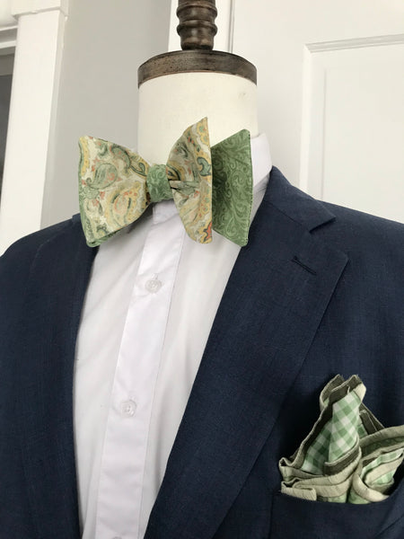 Light green mix paisley print with green paisley reversible Bowtie set