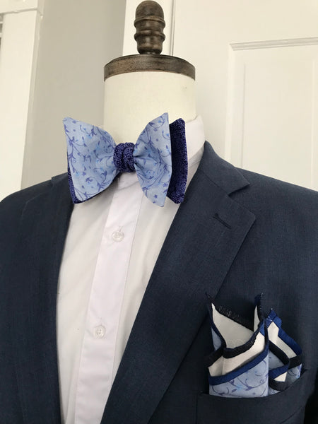 Powder blue and blue print reversible Bowtie set