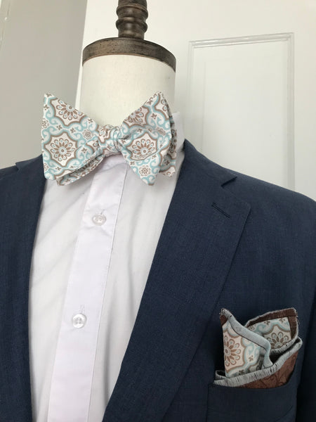Baby blue and light brown print Bowtie Set