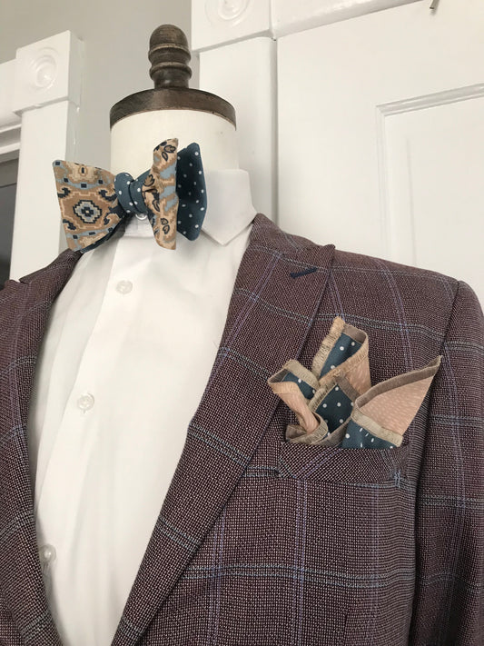 Beige and teal grey reversible Bowtie set (traditional)