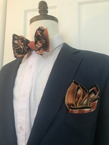 Black and rust print with rust print reversible Bowtie set (FATBOW )
