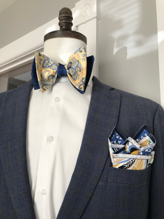 Yellow paisley and blue reversible Bowtie set (FATBOW)