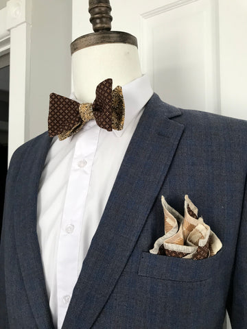 Brown and beige print with beige print reversible Bowtie set