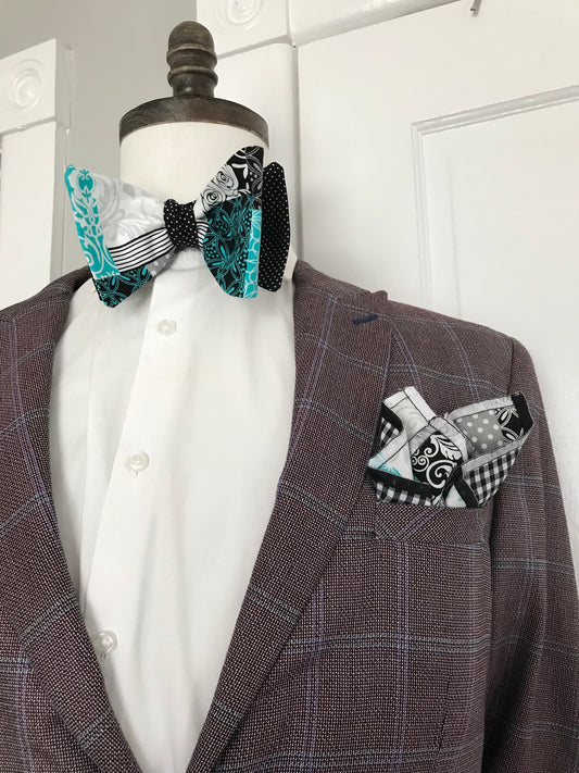 Black and white with teal and black print reversible Bowtie set (FATBOW)