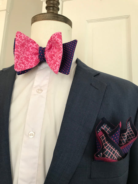 Pink and rose with blue and pink print reversible Bowtie set