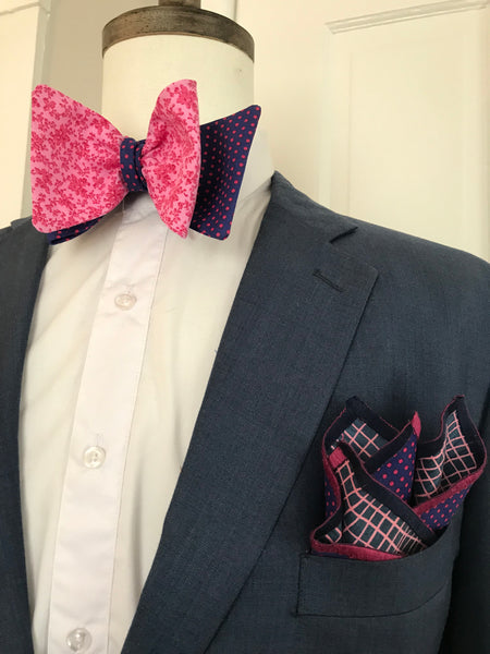 Pink and rose with blue and pink print reversible Bowtie set