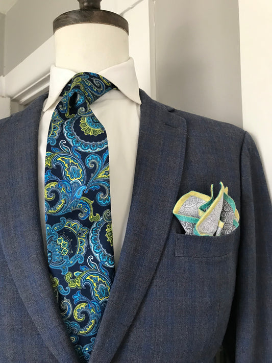 Teal and yellow paisley tie set