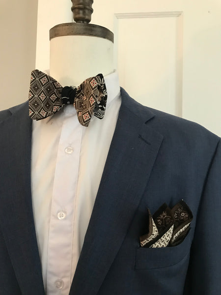 Deep brown print with black and brown print reversible Bowtie set