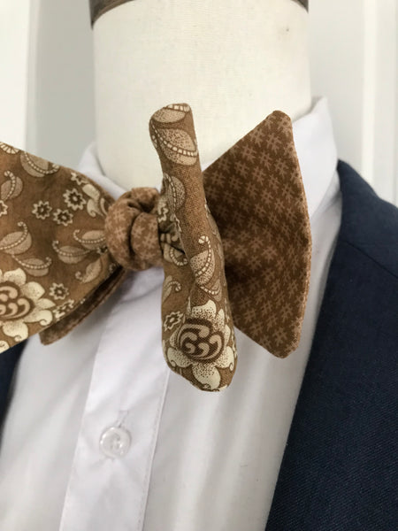 Tanish flower print with tarnish brown print reversible Bowtie set