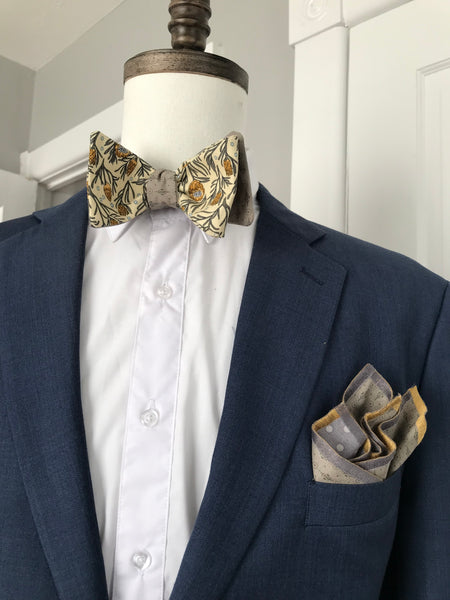 Grey print with grey and mustard print reversible Bow tie