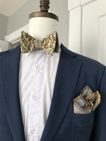 Green print with grey and mustard print reversible Bowtie
