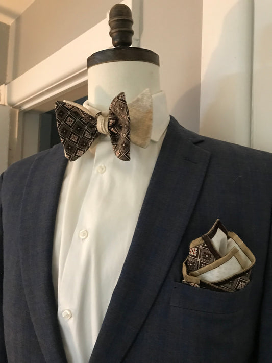 Brown print and bone print reversible Bowtie set (FATBOW)