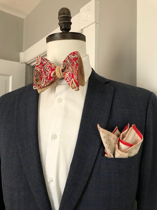 Red paisley print with beige print reversible Bowtie set (FATBOW)