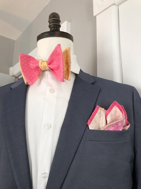 Pink print with yellow print reversible bowtie set (Fatbow)