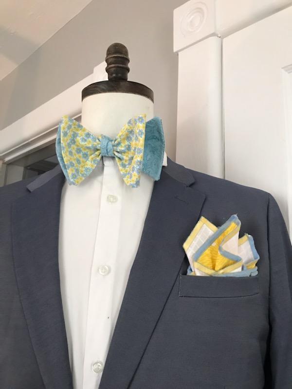 Yellow print and powder blue print reversible bowtie set (Fatbow)