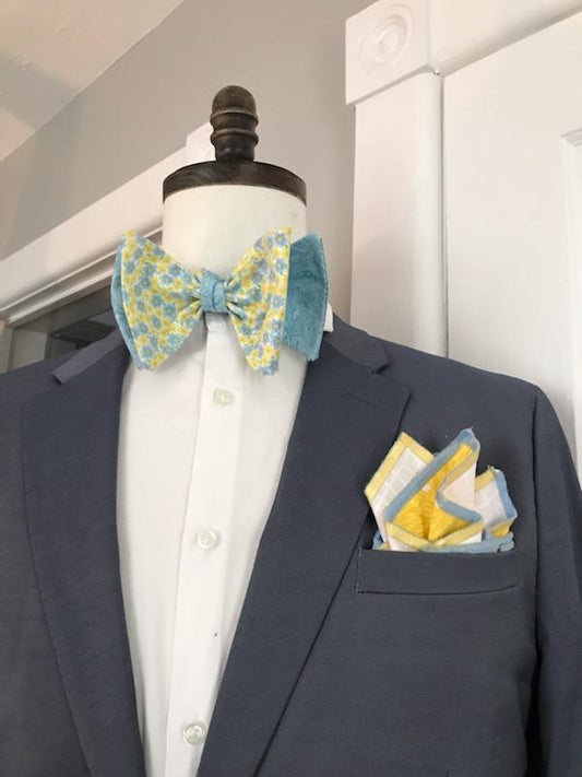 Yellow print and powder blue print reversible bowtie set (Fatbow)