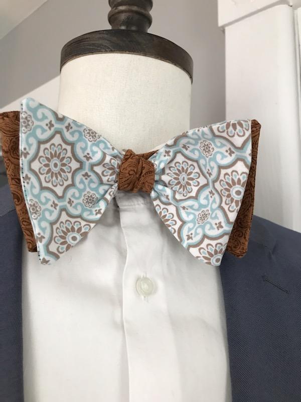 Coco brown paisley with coco brown and baby blue print reversible bowtie (Fatbow)