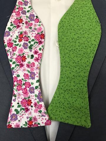 Pink and green flower print with green print reversible bowtie set (Traditional)