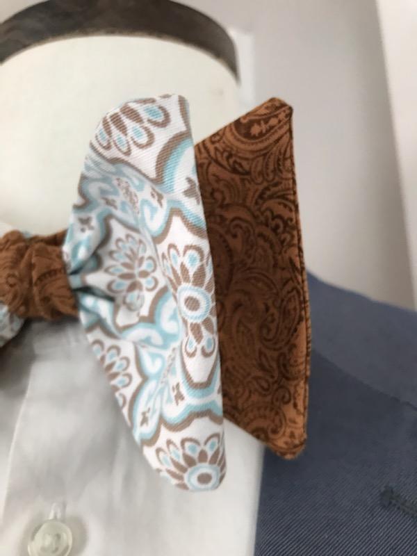 Coco brown paisley with coco brown and baby blue print reversible bowtie (Fatbow)