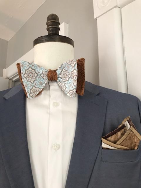 Coco brown paisley with coco brown and baby blue print reversible bowtie (Fatbow)