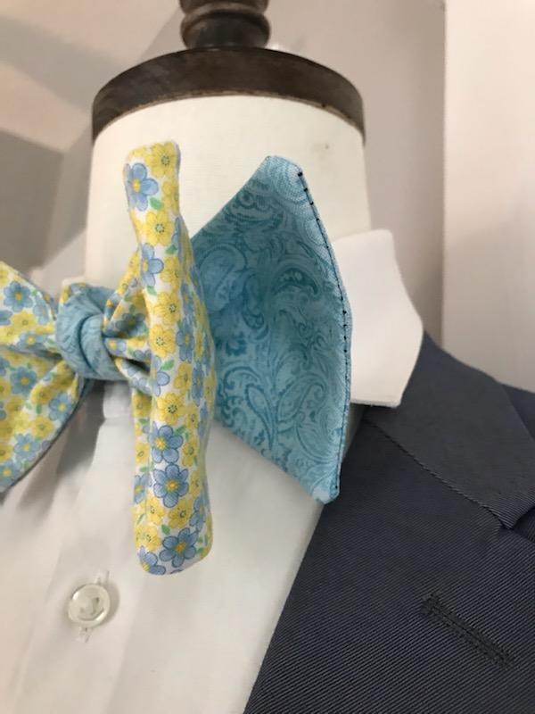 Yellow print and powder blue print reversible bowtie set (Fatbow)