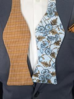 Gold and bluish brown and gold print reversible bowtie set (Fatbow)