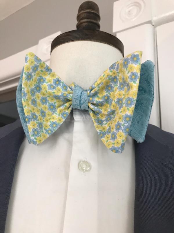 Yellow print and powder blue print reversible bowtie set (Fatbow)