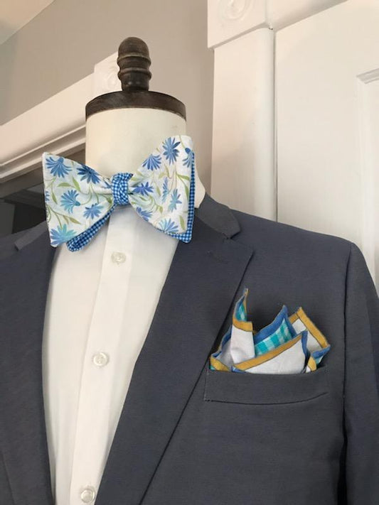 Powder blue and Powder blue print reversible bowtie set (Fatbow)